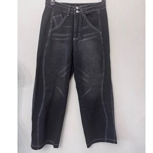 Wide Leg Jeans Womens XS Black High Waisted Denim White Stitch Streetwear grunge